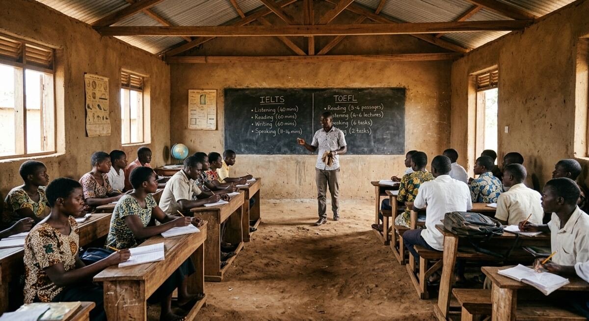 A teacher leading an IELTS and TOEFL preparation class