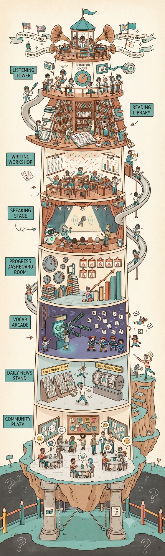 Cutaway illustration of the DiscussEarth learning tower, showing each feature as a floor: Listening Tower, Reading Library, Writing Workshop, Speaking Stage, Progress Dashboard Room, Vocab Arcade, Daily News Stand, and Community Plaza, resting on two pillars representing paid and sponsored seats.